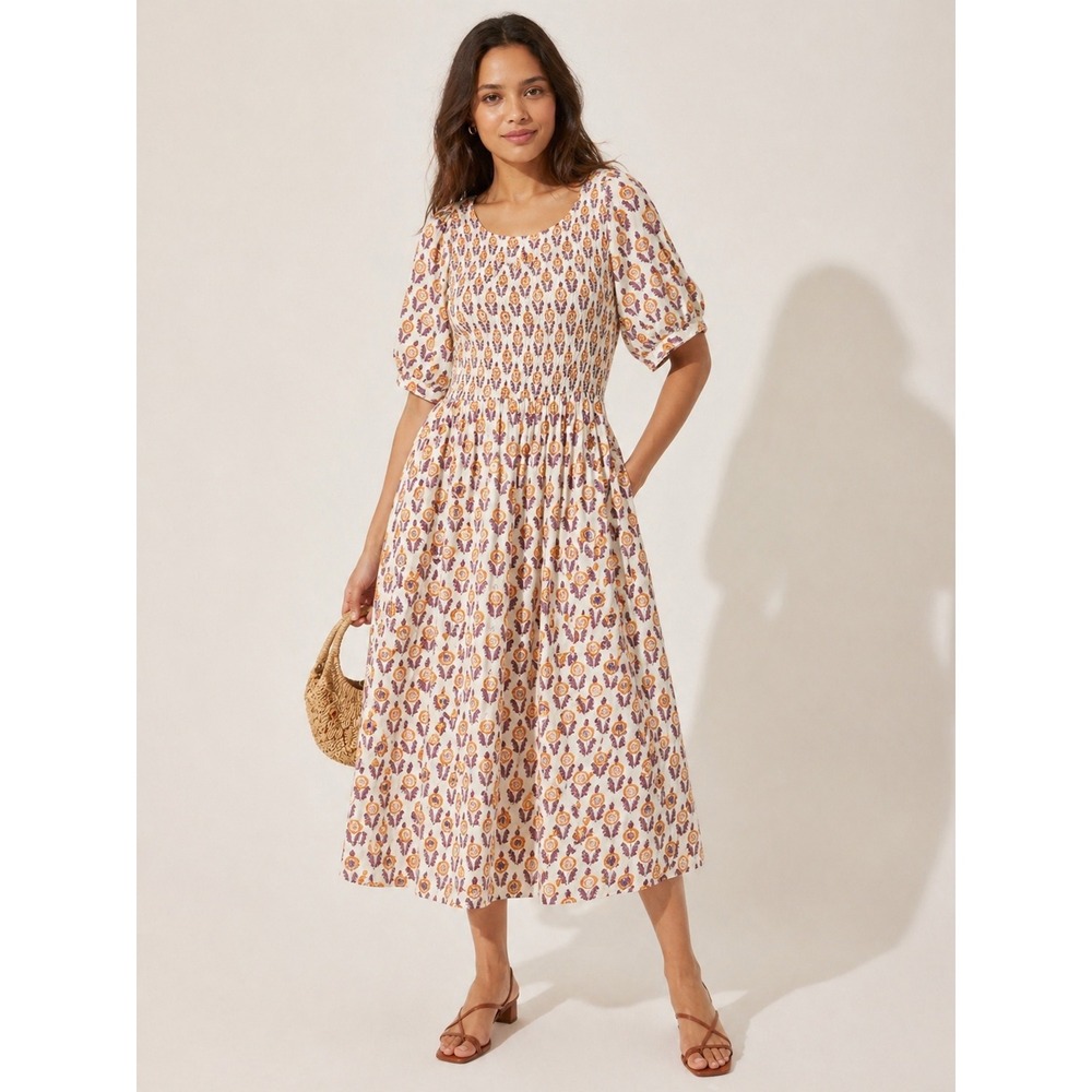 Anthropologie THML Cotton Smocked Floral Puff Sleeve Midi Dress White M Cottage